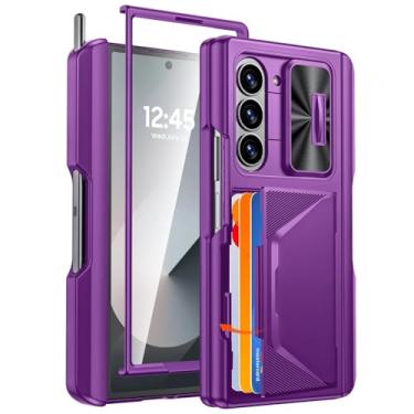 Imagem de Capa para Galaxy Z Fold 6, nível militar, cobertura total, película protetora 9h, clipe traseiro, porta-cartões para S Pen, capa de celular luxuosa à prova de choque (para Galaxy Z Fold 6/ROXA)