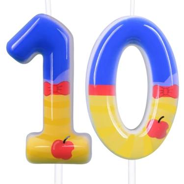 Imagem de Vela de aniversário número 10 azul e amarelo, topo de bolo com 10 velas de conto de fadas com padrão de maçã e laço, suprimentos de festa de aniversário com tema de desenho de princesa (azul e amarelo