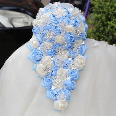Imagem de Mhojpik Buquê de casamento luxuoso cascata de cetim rosa cachoeira segurando buquê de flores artificiais para noiva dama de honra (azul claro e marfim, 44 cm x 22 cm)