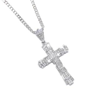 Imagem de KNITUKL Colar de cruz com diamantes, corrente de prata, pingente de aço inoxidável, joia cristã gótica, Large, Acrílico, Diamante