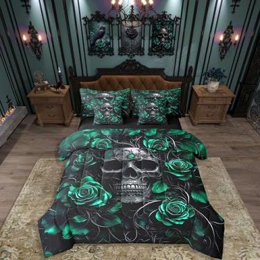 Imagem de Erosebridal Conjunto de edredom Queen, com estampa de caveira de açúcar, verde menta, rosa, floral, para crianças, meninos, meninas, adolescentes e adultos, cama de esqueleto gótico em uma bolsa,