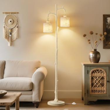 Imagem de Luminária de chão para sala de estar – Lâmpada alta rústica de 175 cm – Luz de leitura vintage de resina country com abajur de linho para quarto, escritório, sala de aula, decoração de casa (branco