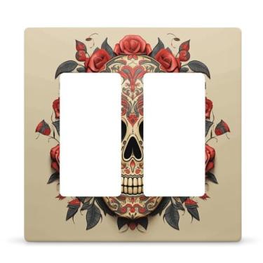 Imagem de Placa de parede decorativa 2 gangs placa de parede dupla placa de parede vermelha rosa açúcar caveira borda capas de tomada capa de interruptor de luz placa de parede decorativa 12,7 cm x 7,6 cm