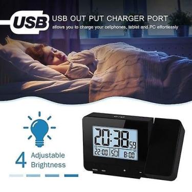 Imagem de Despertador de projeção para quarto com termômetro Hygrometer Digital Projeto Relógio teto Dimmable LED Display com carregador USB 180°Rotable com Ala