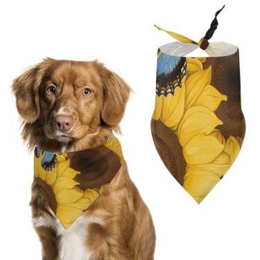 Imagem de Cachecol de poliéster triangular estampado girassóis amarelos com borboletas azuis - Tamanho único (70 x 30 cm)