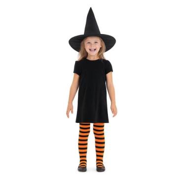 Imagem de Meia Calça Infantil Bruxinha Listras Halloween Papilloo, Laranja
