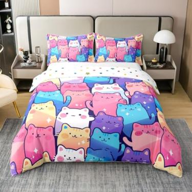 Imagem de Jogo de cama 100% algodão kawaii gatos crianças king size colorido desenho animado gatinho conjunto de cama decorativo para meninos meninas adolescentes gato fofo animal patchwork, capa de edredom, 2