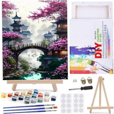 Imagem de MaiMMaledy Kit de pintura por números 20 x 30 cm L para adultos iniciantes imagens em tela com pintura emoldurada pigmento acrílico com triângulo de madeira cavalete torre de flores