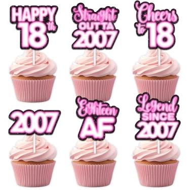 Imagem de 18 peças de topper de cupcake de sobremesa com glitter rosa para Straight Outta 2007 Legend Since 2007 suprimentos de decoração temática homens felizes decorações de festa de aniversário de 18 anos
