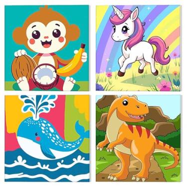 Imagem de GHHKUD Pacote com 4 desenhos de pintura emoldurada por números para adultos iniciantes, pintura de animais fofos DIY por números macaco dinossauro com moldura de madeira, presentes de arte em tela