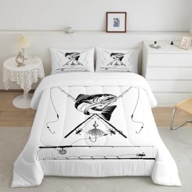 Imagem de Erosebridal Jogo de cama solteiro para caça de peixes, lúcio grande, peixe, crianças, adultos, para decoração de quarto de pesca, preto e branco, edredom retrô para pescadores