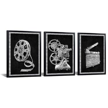 Imagem de HOMEOART Decoração de sala de cinema em casa cinema decoração de parede emoldurada pronta para pendurar 30 x 40 cm x 3 peças (prata)