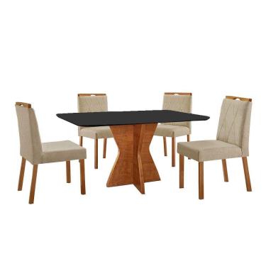 Imagem de Conjunto Sala De Jantar Mesa Madri 140x80cm Tampo Retângular Vidro Preto Com 4 Cadeiras Bela Linho Bege