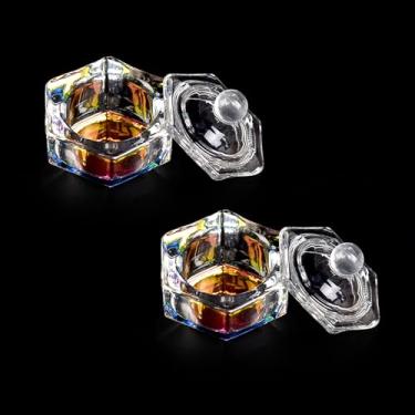 Imagem de KAZIPOP 2 peças de prato Dappen com tampa transparente para arte de unhas acrílicas em pó líquido tigela de monômero de unha copo de cristal de vidro (Hexágonos)
