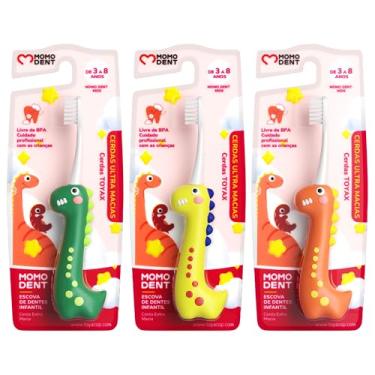 Imagem de MOMODENT Escova de Dente Infantil Dinossauro - Cerdas Super Macias, Cabo Ergonômico, Para Crianças de 3 a 8 Anos, Compacta e Portátil (Verde+Amarelo+Laranja(3 unidades))