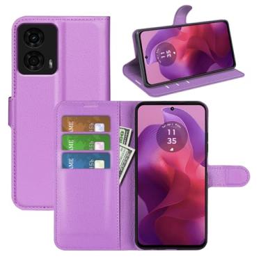 Imagem de Capa flip para Motorola Moto G04 / G24 / G04S / E14 carteira protetora magnética de couro capa fólio livro capa com suporte e compartimentos para cartão (Roxo)
