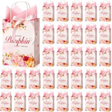 Imagem de AmazingSpark 50 pacotes de sacos de presente de chá de bebê de outono, sacos de lembrancinha de chá de bebê de abóbora com alça e papel de seda decorativo para convidados, presentes de festa de