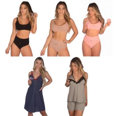 Imagem de Kit 3 Sutiã de Amamentação +3 Calcinha Cós Alto Pós Parto +1 Camisola 