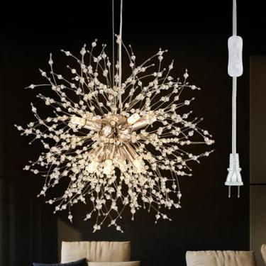 Imagem de SineRise Lustres de cristal modernos fogos de artifício, luminária de cristal, candelabro de dente-de-leão (8 luzes, dourado) para hall de entrada, entrada, cozinha, quarto, com plugue