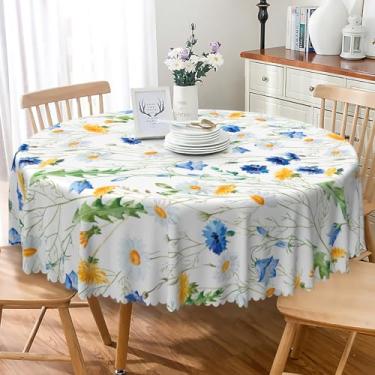 Imagem de SIEDYCV Toalha de mesa redonda floral colorida de primavera, 121 cm, branca, amarela, azul, margarida matinal, estampa de glória, à prova de óleo, lavável, toalha de mesa branca para jardim, casa de