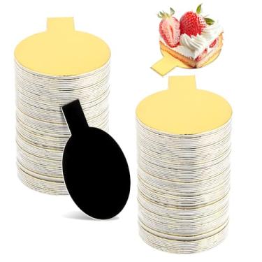 Imagem de 200 peças mini tábua de bolo 5 cm reversível redondo prato de bolo mini redondo de papelão dourado tábua de pastelaria pequena 5 cm pratos de sobremesa com aba para cupcake bandeja de exibição de