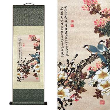 Imagem de AtfArt Decoração de parede asiática linda pintura de rolagem de seda flores e pássaros decoração oriental arte chinesa rolagem de parede rolo de pintura (92 x 30 cm)