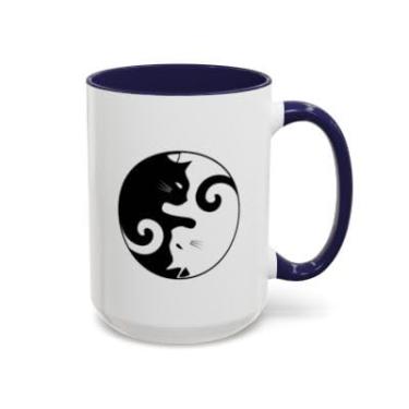 Imagem de Caneca de café de gato Yin Yang – Design fofo de gatinho preto e branco – Caneca com detalhes de cerâmica para amantes de gatos - Ideia de presente de aniversário e Natal (azul-marinho, 425 g)