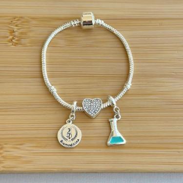 Imagem de Pulseira profissão com berloques Biomedicina, coração e erlenmeyer verde água - banhado a prata