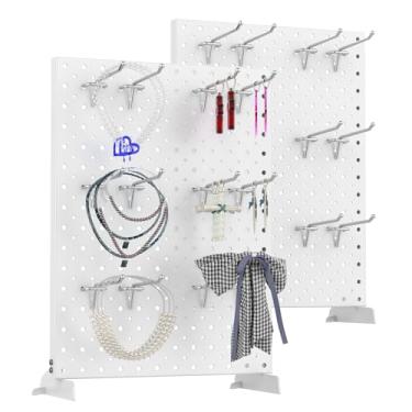 Imagem de TORACK Suporte de exibição Pegboard para espetáculos e feiras de artesanato, 30,5 x 40,6 cm de metal para mesa com ganchos para eventos de feiras de Natal (branco, pacote com 2)