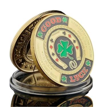 Imagem de Lucky Shamrock Poker Card Guard Moeda comemorativa com estojo, token de colecionador de jogos de cassino, moedas da sorte