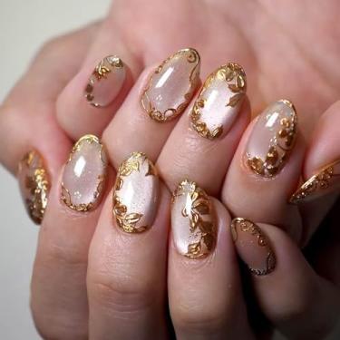 Imagem de Unhas postiças curtas de amêndoa, olho de gato, com desenhos de flores douradas, unhas artificiais, nude, glitter, cola, unhas fofas de verão, 24 peças