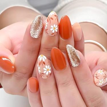 Imagem de RUOKEXIN Unhas postiças médias de amêndoa, laranja, desenhos de flores, cola em unhas artificiais com glitter, cobertura total, cola nas unhas, 24 peças