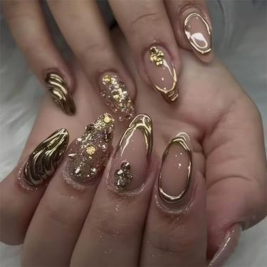 Imagem de Unhas postiças douradas com glitter médio, amêndoa, dourada, ponta francesa, unhas postiças com designs de diamante 3D, unhas de acrílico, glitter, cobertura completa, cola cromada nas unhas, 24 peças