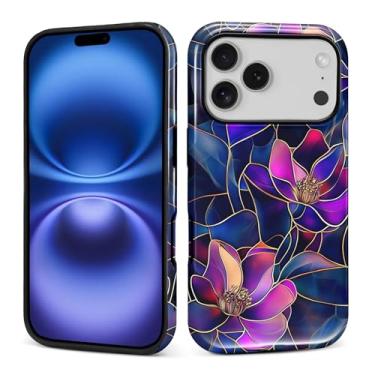 Imagem de Kapadiy Capa para iPhone 17 Pro, design de flor roxa de vidro manchado, proteção dupla híbrida de silicone rígido PC à prova de choque, capa protetora fina antiarranhões para homens e mulheres