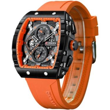 Imagem de FORSINING Relógio esportivo masculino de quartzo Tonneau, cronógrafo/cronômetro com mostrador de data, pulseira de silicone à prova d'água em forma de barril, 6 cores esportivas, Laranja