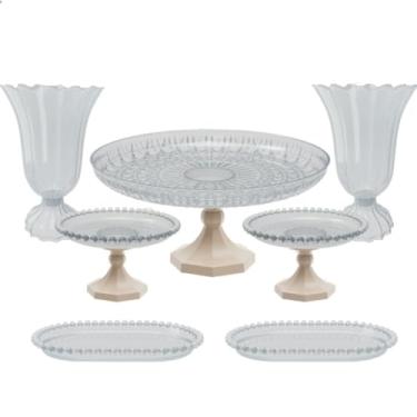 Imagem de Kit Cristal boleira lapidada 24x11+2 vasos popi+2 mini boleiras perola+ 2 bandejas perola 20x13 cm(BG - BEGE)