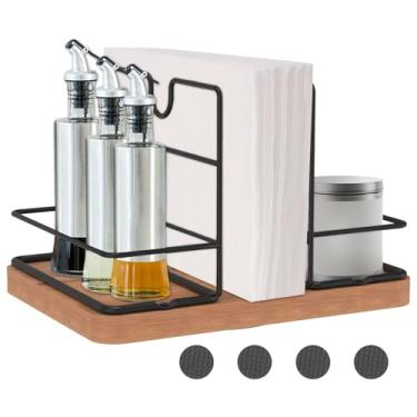 Imagem de XYDHQS Suporte de guardanapo para mesa, dispensador giratório de guardanapo de ferro e madeira com saleiro e pimenteiro, armazenamento multifuncional de cozinha para decoração de mesa de jantar, não