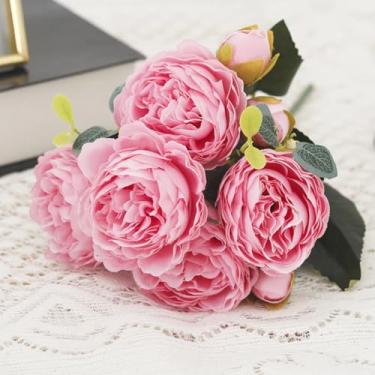 Imagem de Flores artificiais de peônia de seda, buquê de rosas, decoração de casa e natal, arranjos florais falsos para casamento, jardim, guirlanda, acessórios para festa faça você mesmo (rosa)