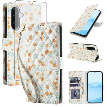 Imagem de Asuwish Capa de telefone para Samsung Galaxy A17 / A26 carteira celular com protetor de tela de vidro temperado porta-cartão de flores com suporte fino A 17 17A 26 26A SM-A17 mulheres homens flores