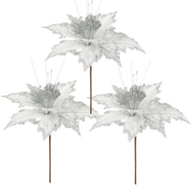 Imagem de Jogo 3 Pick Natalino Flor Bico de Papagaio Prata Borda Glitter Luxo 25cm x 16cm