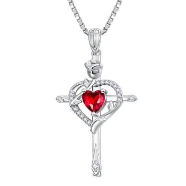 Imagem de CupidGift Colar de cruz para mulheres, banhado a ouro 14 K, banhado a ouro 18K, delicado coração, pedra do mês de nascimento, rosa, joias diárias, batismo, fé, aniversário, Natal, presentes de