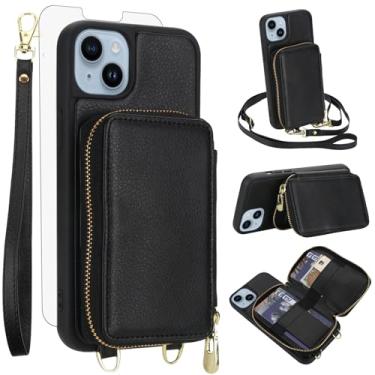 Imagem de Capa de celular para iPhone 14 Plus/15 Plus 17.0 cm com protetor de tela de vidro temperado, alça transversal com bloqueio de RFID, porta-cartões i-Phone 14+ i Phone15 15+ 14Plus 15Plus 5G feminina