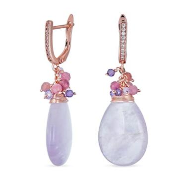 Imagem de Boho Fashion Brincos de gota de gota em forma de pêra com detalhe de contas de cristal multicoloridas em forma de pêra roxo rosa verde banhado a ouro amarelo 14K dobradiça de encaixe seguro, One Size,