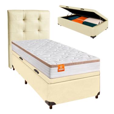 Imagem de Cama Box Bau + Colchão Solteiro Molas Ensacadas Isis Real Inducol + Cabeceira Estofada