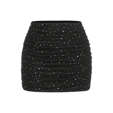 Imagem de Saia Verdusa Mesh Ruched Lápis Cintura Alta Bodycon Preto