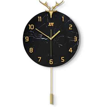 Imagem de Relógio de parede arte simples relógio grande de metal redondo com pêndulo de parede, relógio de parede silencioso de cabeça de veado dourado clássico para sala de estar quarto preto silencioso