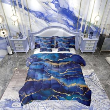 Imagem de Erosebridal Jogo de cama de mármore preto dourado em uma bolsa, 7 peças, tamanho casal, abstrato, moderno, marmorizado, aquarela, glitter, textura metálica, conjunto de lençol com edredom