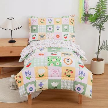 Imagem de Mooreeke Jogo de cama infantil de 4 peças - Conjunto de edredom infantil com borboleta verde floral para meninas, inclui edredom, lençol de cima, lençol com elástico e fronha, cama em uma bolsa para