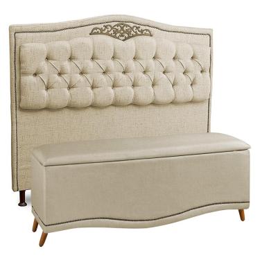 Imagem de Cabeceira e Calçadeira Baú Cama Box Casal King Size Belize 195cm Linho Areia - Desk Design