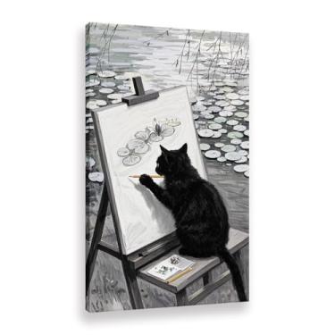 Imagem de CANLUNTE Impressão em tela de pintura de parede exclusiva de gato preto copiando a piscina dos nenúfares em um cavalete - Arte moderna (arte 5,6 cm x 71,1 cm emoldurado)